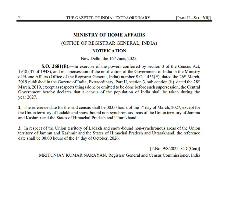 India to Conduct National Population Census in 2027, MHA Issues Official Notification 1 3 1