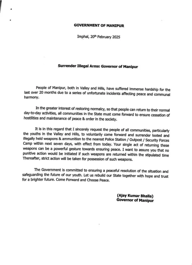 Manipur Governor Sets 7-Day Deadline for Arms Surrender 1 WhatsApp Image 2025 02 20 at 18.46.53 7ebaa64c